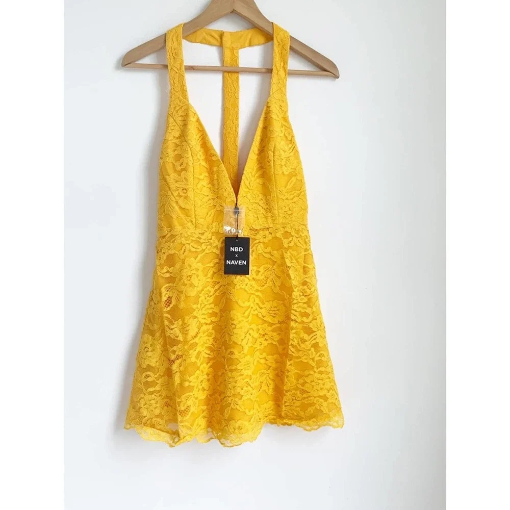 NWT NBD x Naven Dress in Bright Yellow Gold Mini Skater Lace Mini - Picture 3 of 9